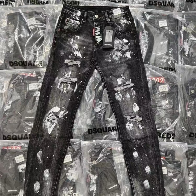  DSQUARED2  Knife cut ink ripped denim pants men's black light luxury straight leg slim fit pants