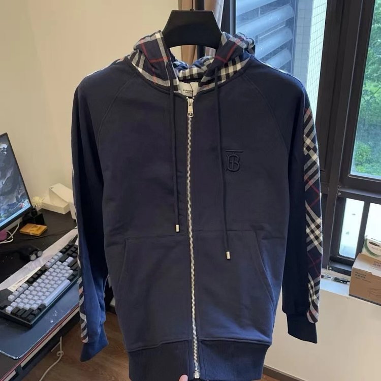 Burberry jacket hoodie 2025 autumn light luxury versatile patchwork cardigan plaid jacket casual hoo