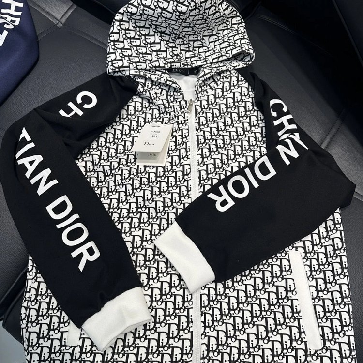 DIOR Light Luxury Full Print Spring and Autumn Coat unisex trendy brand cardigan hooded jacket | Suy