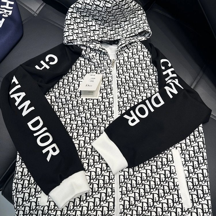 DIOR Light Luxury Full Print Spring and Autumn Coat unisex trendy brand cardigan hooded jacket | Suy