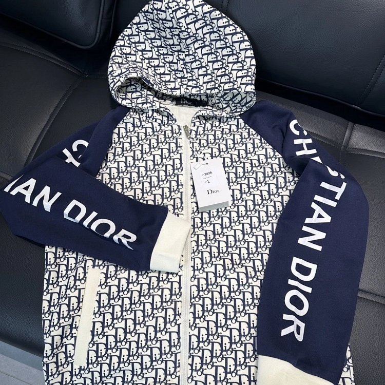 DIOR Light Luxury Full Print Spring and Autumn Coat unisex trendy brand cardigan hooded jacket | Suy
