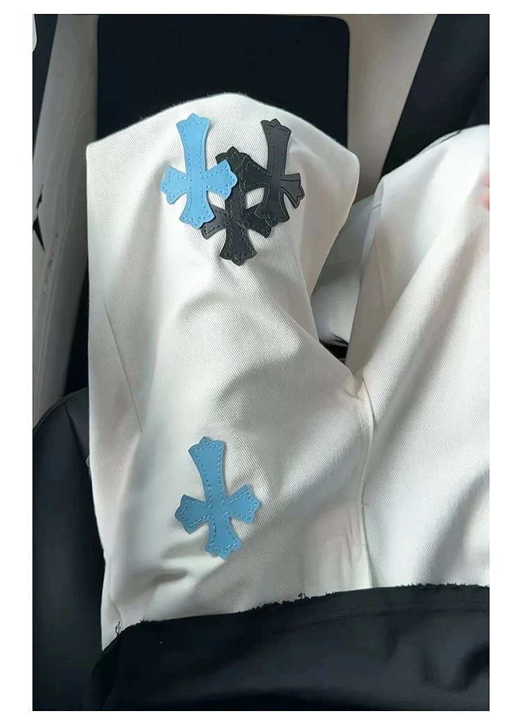 Chrome Hearts White Luxury Jeans Classic Leather Cross Men's and Women's Loose Straight Pants | Suyp