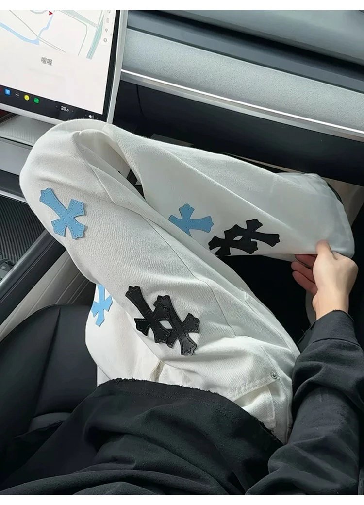 Chrome Hearts White Luxury Jeans Classic Leather Cross Men's and Women's Loose Straight Pants | Suyp