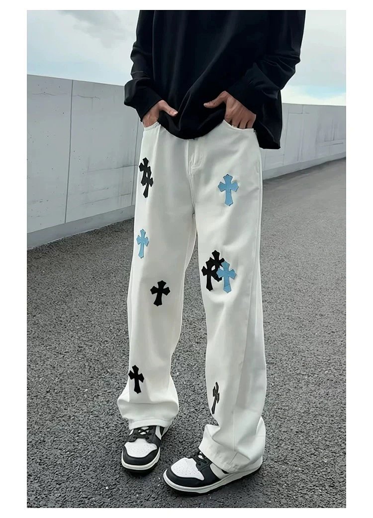 Chrome Hearts White Luxury Jeans Classic Leather Cross Men's and Women's Loose Straight Pants | Suyp