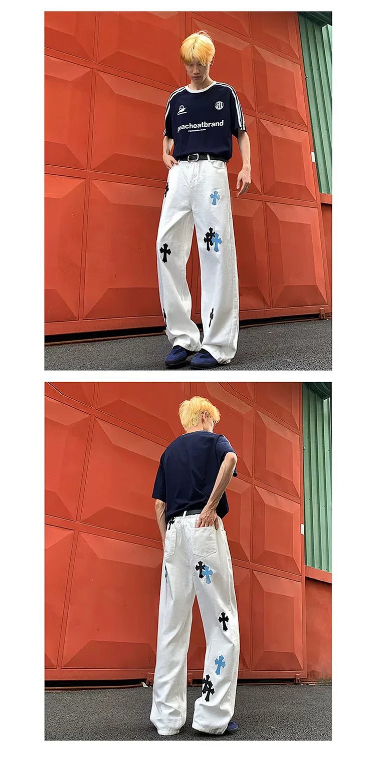 Chrome Hearts White Luxury Jeans Classic Leather Cross Men's and Women's Loose Straight Pants | Suyp