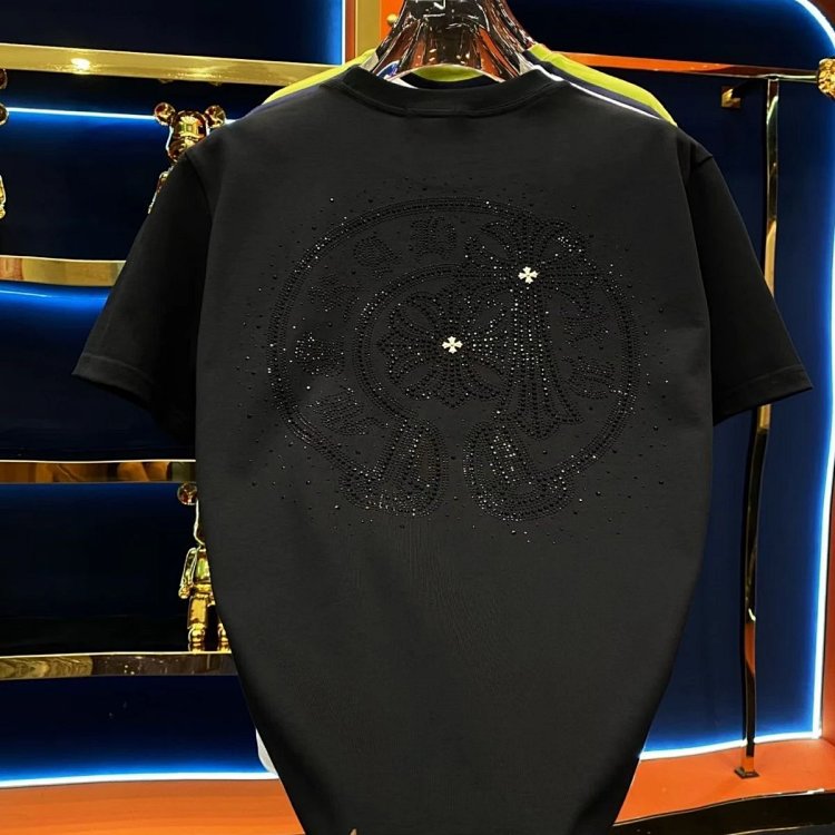 Chrome Heartst Hot Diamond Light Luxury Short Sleeve T-shirt Black Men's and Women's Same Style | Su