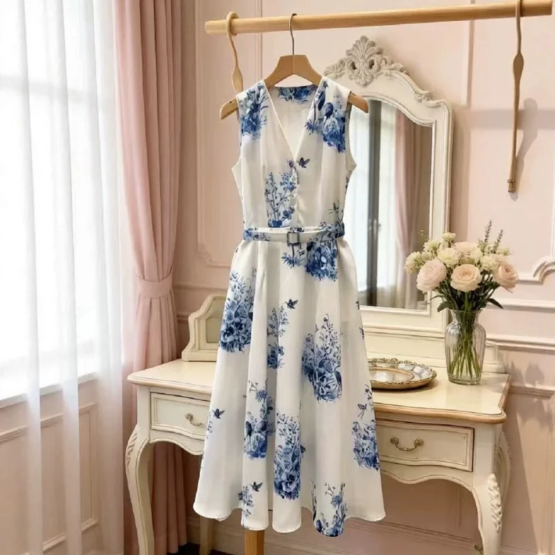 Seaside vacation blue and white printed long skirt | Suyperbuy Spreadsheet