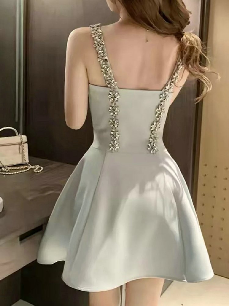 skiirt Summer new French heavy industry rhinestone suspender dress | Suyperbuy Spreadsheet